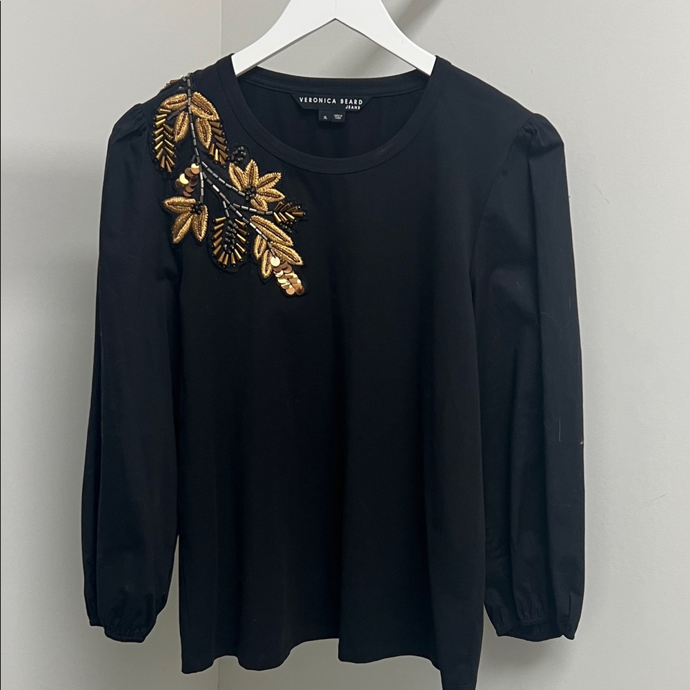 Veronica Beard Black Blouse with Beaded Gold Leaf Detail